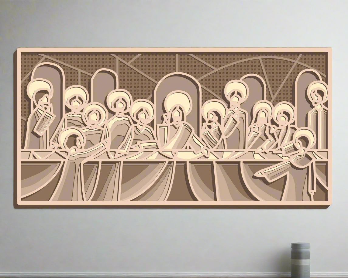 Tablou în straturi, lineart minimalist, „Cina cea de taină”, placaj din lemn