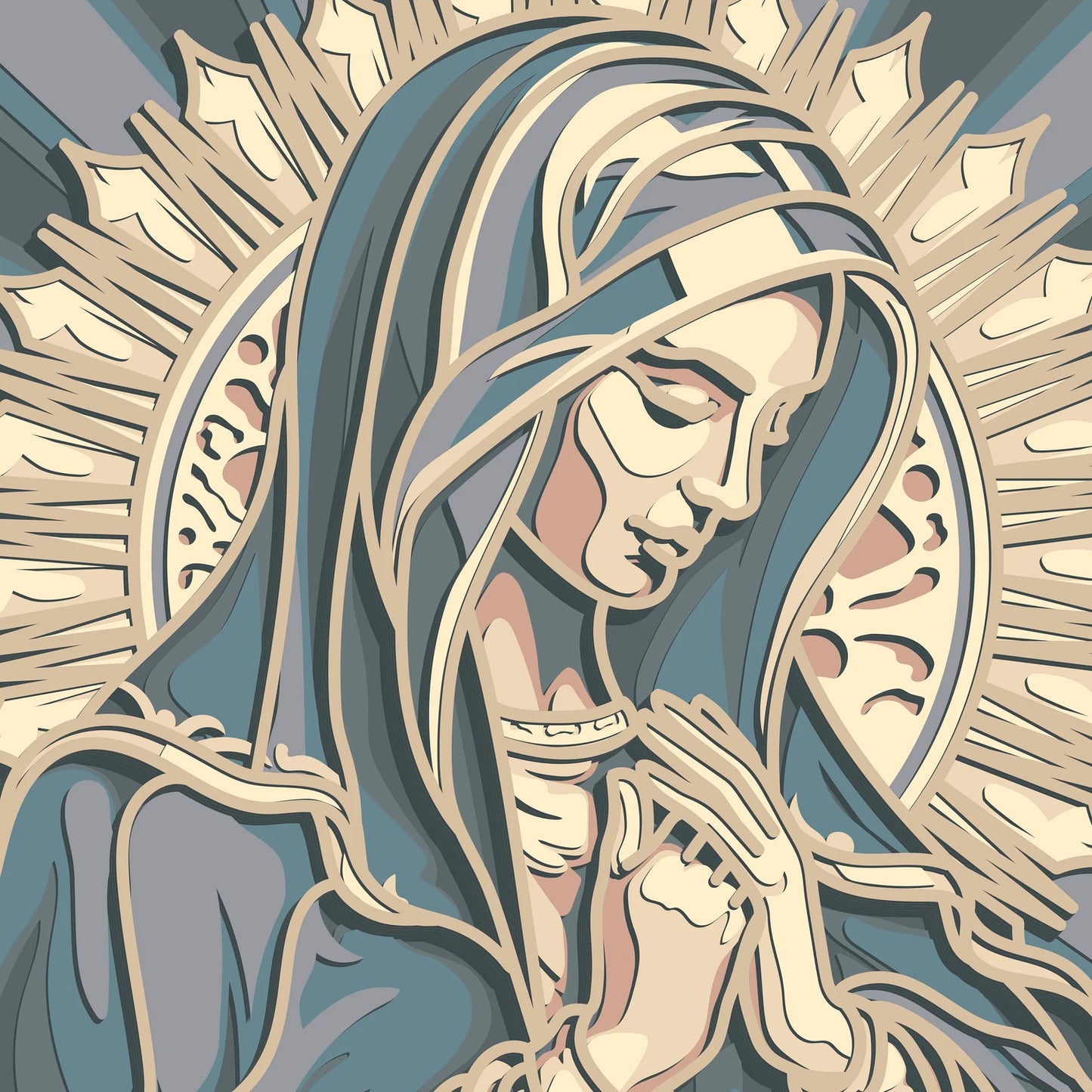 Tablou în straturi, lineart minimalist, „Fecioara Maria”, placaj din lemn