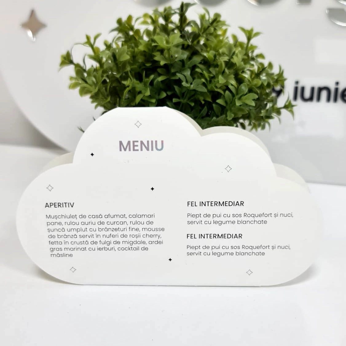 Meniu botez cu norișori din carton, de tip călăreț sau tent card