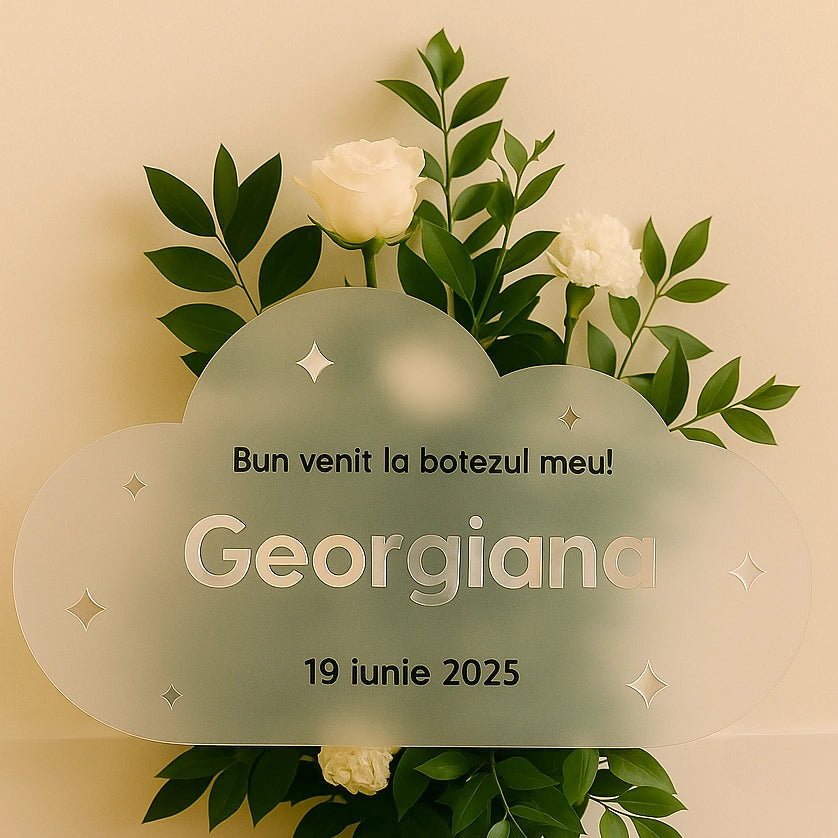 Panou bun venit pentru botez sub formă de nor din plexiglas frost transparent