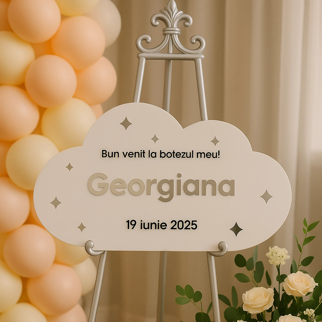 Panou bun venit pentru botez din plexiglas alb, sub formă de nor