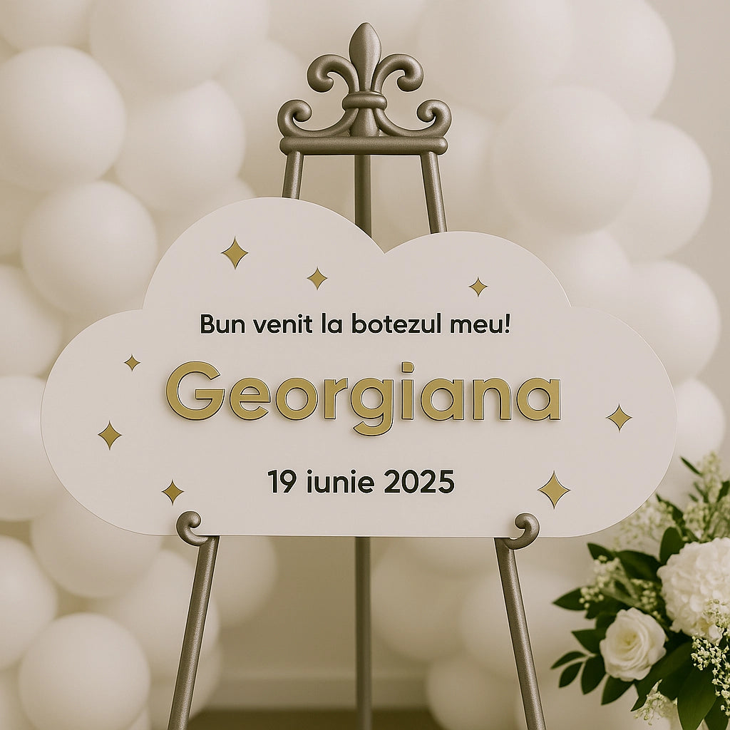 Panou bun venit sub formă de nor pentru botez din plexiglas alb și text oglindă aurie