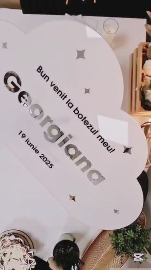 Set decoratiuni botez - panou bun venit, numar de masa, panou opis invitati, invitatie, meniu, marturii